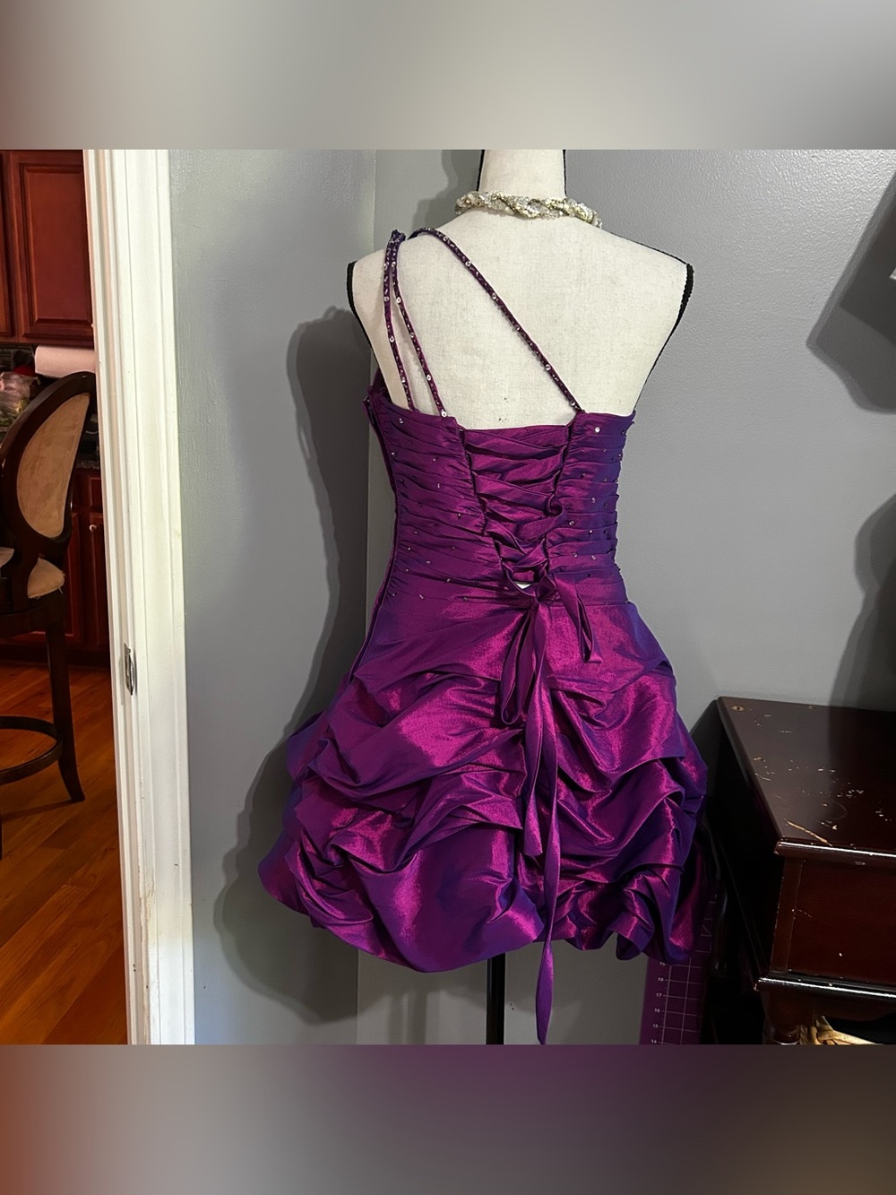 Fiesta Plum Party Dress Small One Shoulder Ruffled Skirt mini Ruched Jeweled - Picture 5 of 9